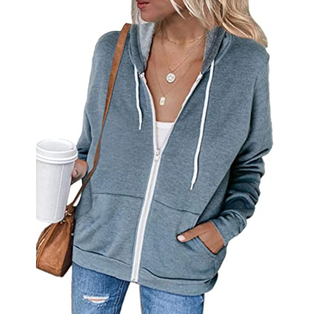 Women Casual Long Sleeve Zip Up Hooded Sweatshirt Hoodies Solid Color Hooded Jacket with Pockets Grey S