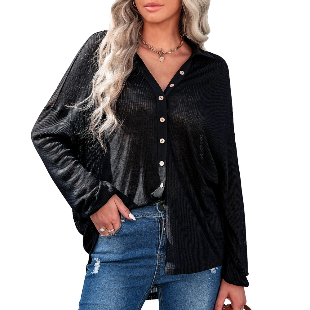 Medium Length Knitted Cardigan Long Sleeve Loose Women Lapel Top Open Front Button for Autumn Black M