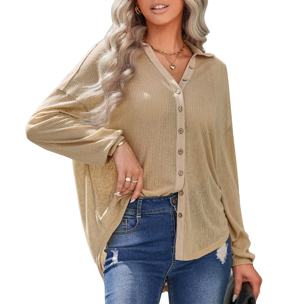 Medium Length Knitted Cardigan Long Sleeve Loose Women Lapel Top Open Front Button for Autumn Khaki L