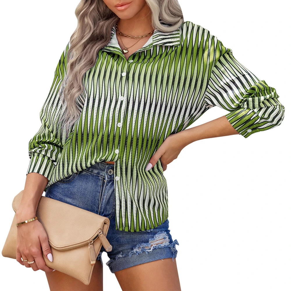 Women V Neck Striped Top Button Down Long Sleeve Collared Loose Fit Casual Blouses Green L