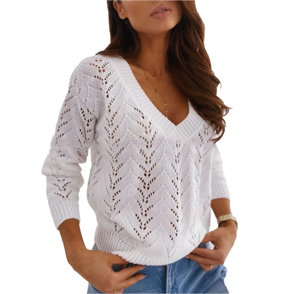 Women Top Hollow Long Sleeve Deep V Neck Loose Casual Keep Warm Pure Color Pullover Knit Sweater White S