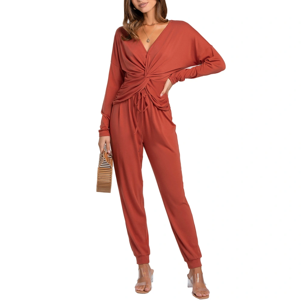 2pcs Women Outfit Twist Front V Neck Top Pants Set Long Sleeve Top Drawstring Long Pants Suit Brownish Red XL