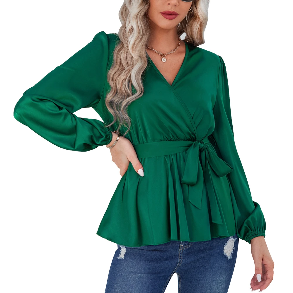 Women Long Sleeve Blouse V Neck with Belt Cross Wrap Adjustable Soft Comfortable for Daily Wear Dark Green L