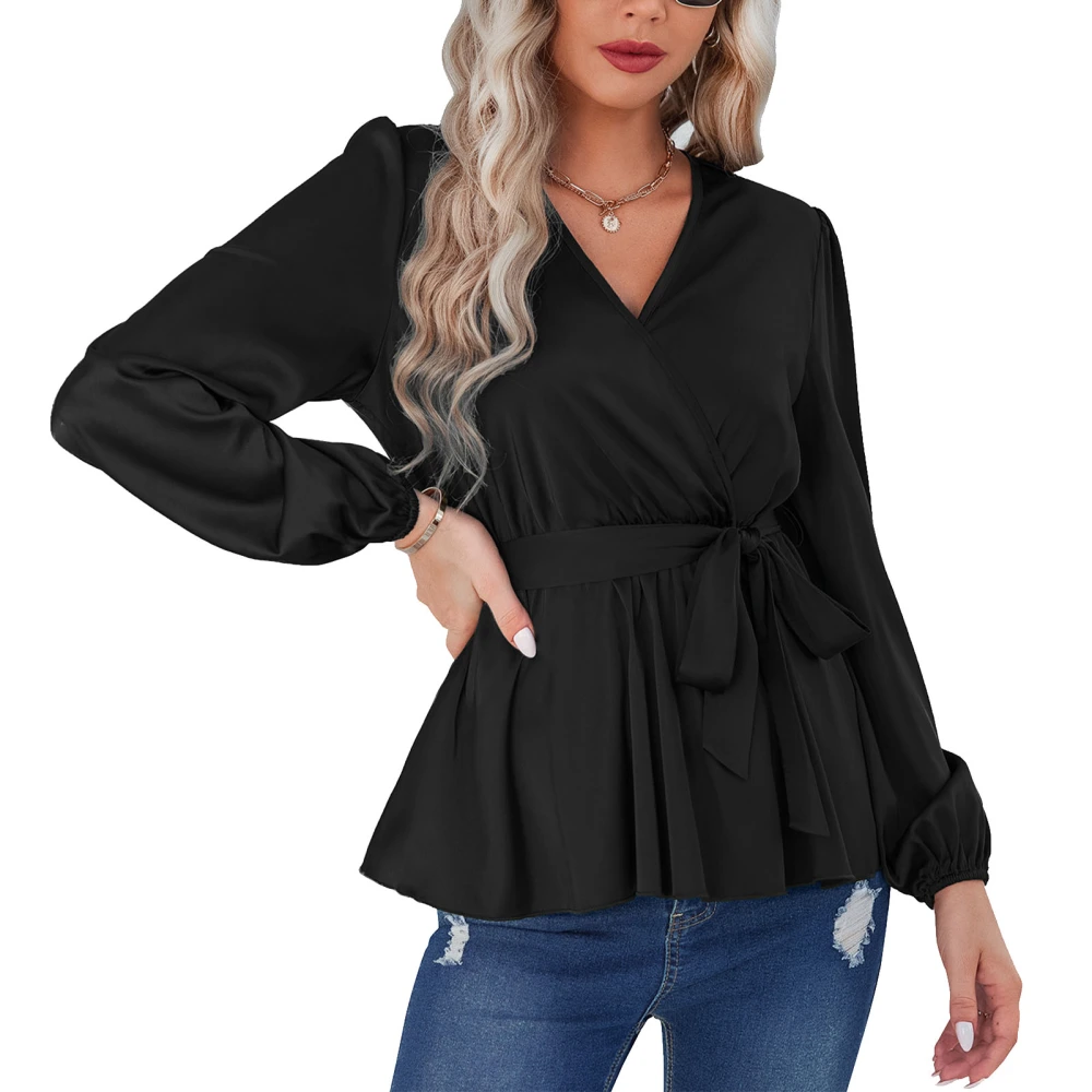 Women Long Sleeve Blouse V Neck with Belt Cross Wrap Adjustable Soft Comfortable for Daily Wear Black M