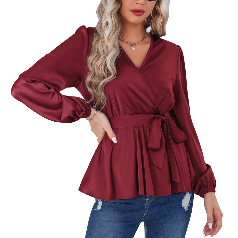 Women Long Sleeve Blouse V Neck with Belt Cross Wrap Adjustable Soft Comfortable for Daily Wear Dark Red M