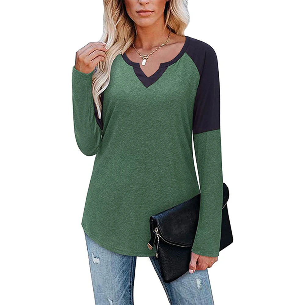 Women Shirt V Neck Contrast Colour Long Sleeve Top Undershirt Polyester for Autumn Winter Green XXL