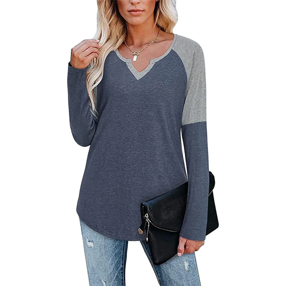 Women Shirt V Neck Contrast Colour Long Sleeve Top Undershirt Polyester for Autumn Winter Blue M