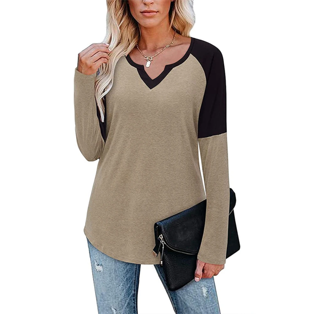 Women Shirt V Neck Contrast Colour Long Sleeve Top Undershirt Polyester for Autumn Winter Khaki S