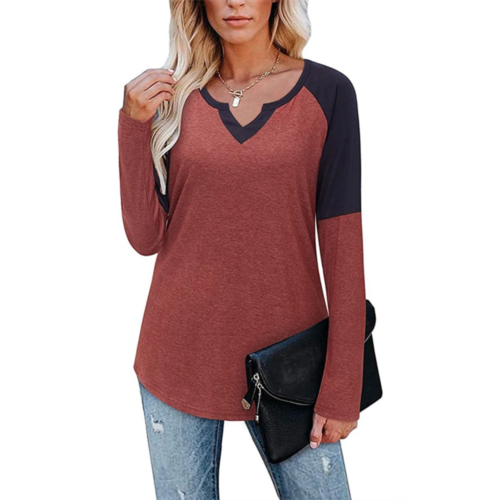 Women Shirt V Neck Contrast Colour Long Sleeve Top Undershirt Polyester for Autumn Winter Red XXL