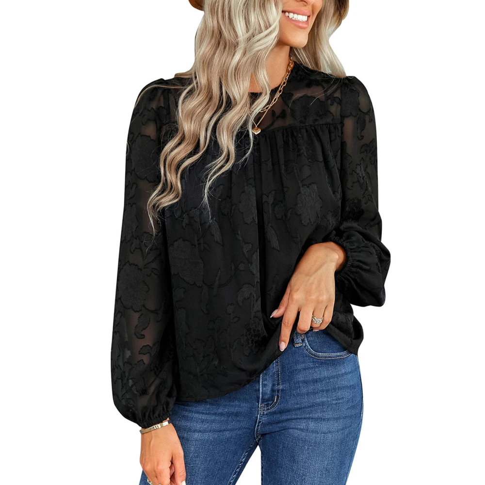 Woman Top Autumn Round Neck Loose Soft Comfortable Breathable Female Chiffon Shirt Black M