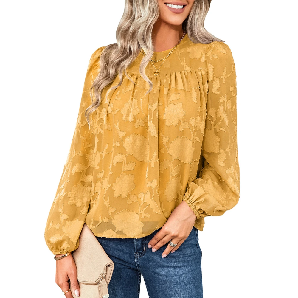 Woman Top Autumn Round Neck Loose Soft Comfortable Breathable Female Chiffon Shirt Yellow S