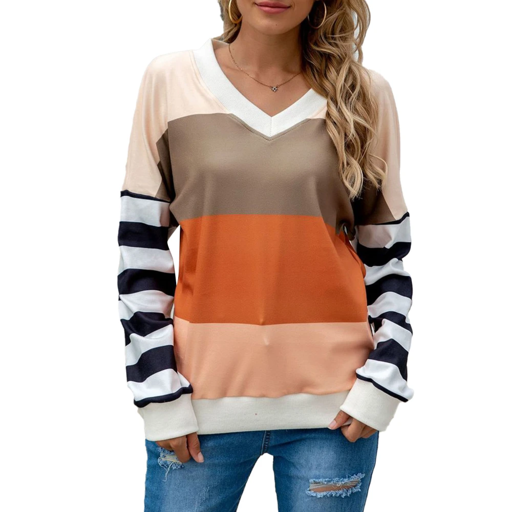 Long Sleeve Sweatshirt Loose Fit Patchwork Tricolour Padded V Neck Long Sleeve Casual Tops for Autumn and Winter Brown S