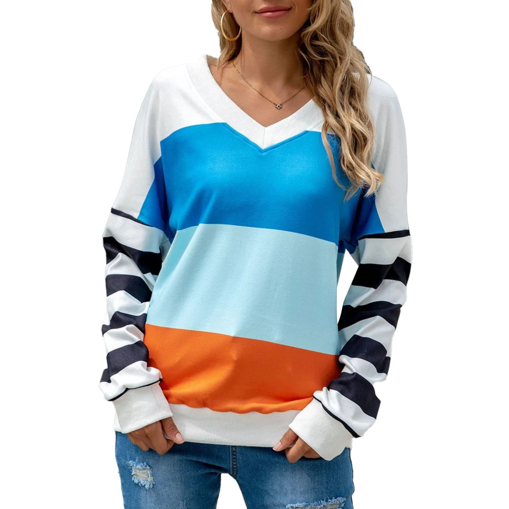 Long Sleeve Sweatshirt Loose Fit Patchwork Tricolour Padded V Neck Long Sleeve Casual Tops for Autumn and Winter Blue XXL