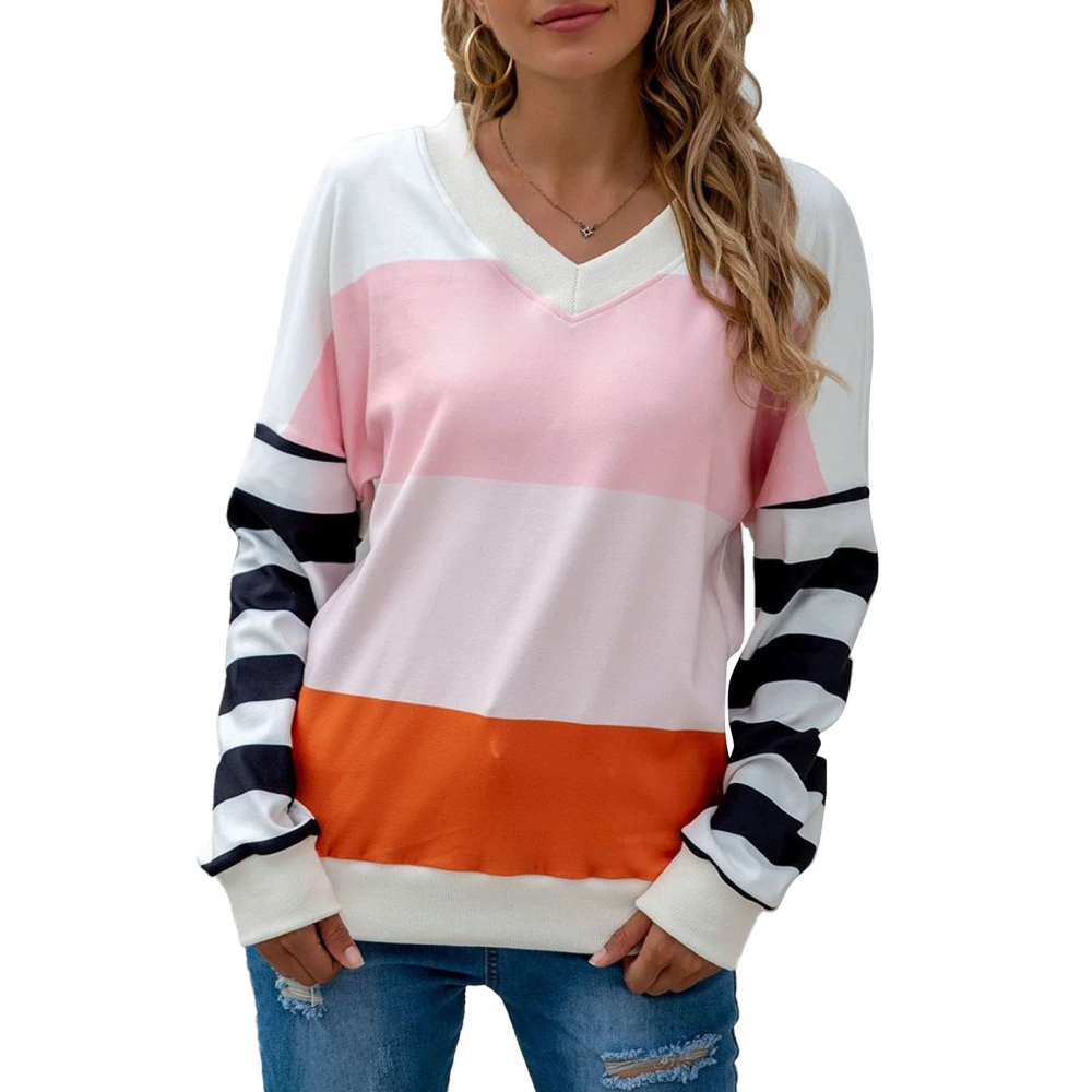 Long Sleeve Sweatshirt Loose Fit Patchwork Tricolour Padded V Neck Long Sleeve Casual Tops for Autumn and Winter Pink S