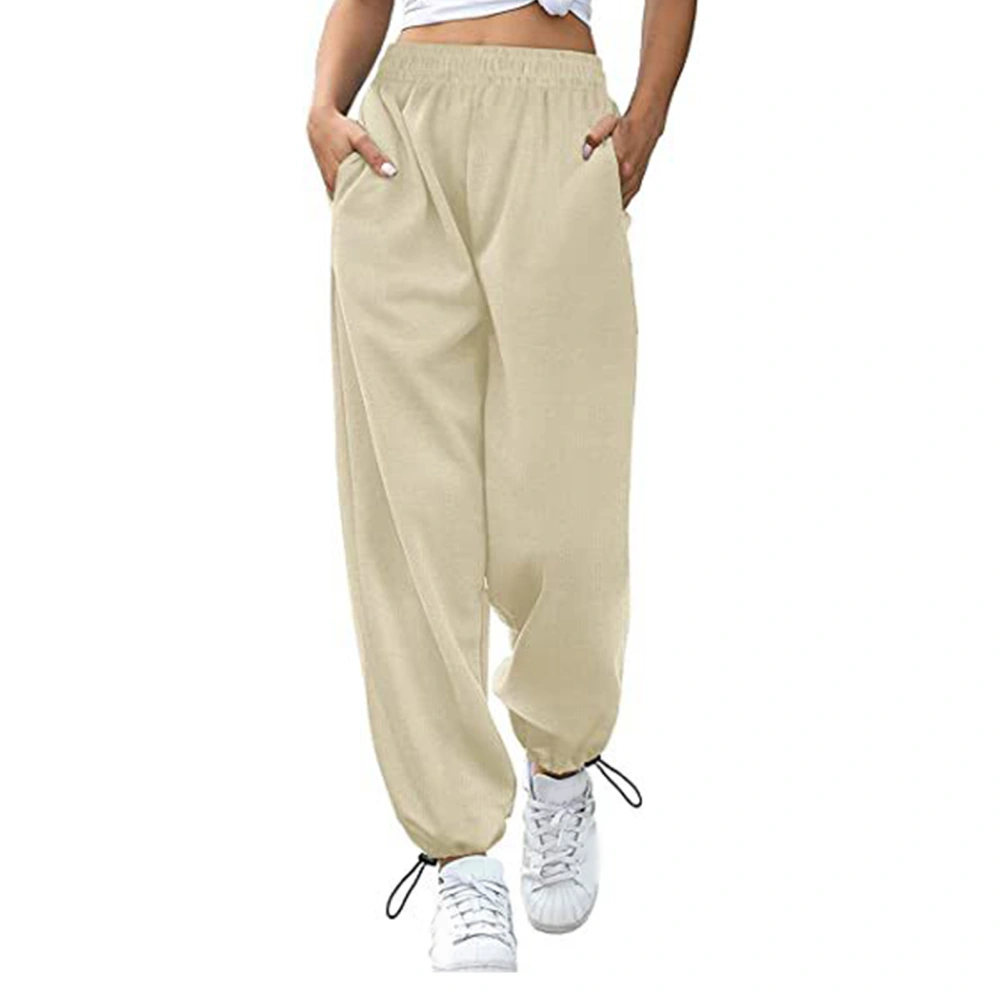 Women Trouser High Waist Elastic Pure Color Drawstring Loose Pockets Sports Wide Leg Ankle Tied Women Pants Apricot XL