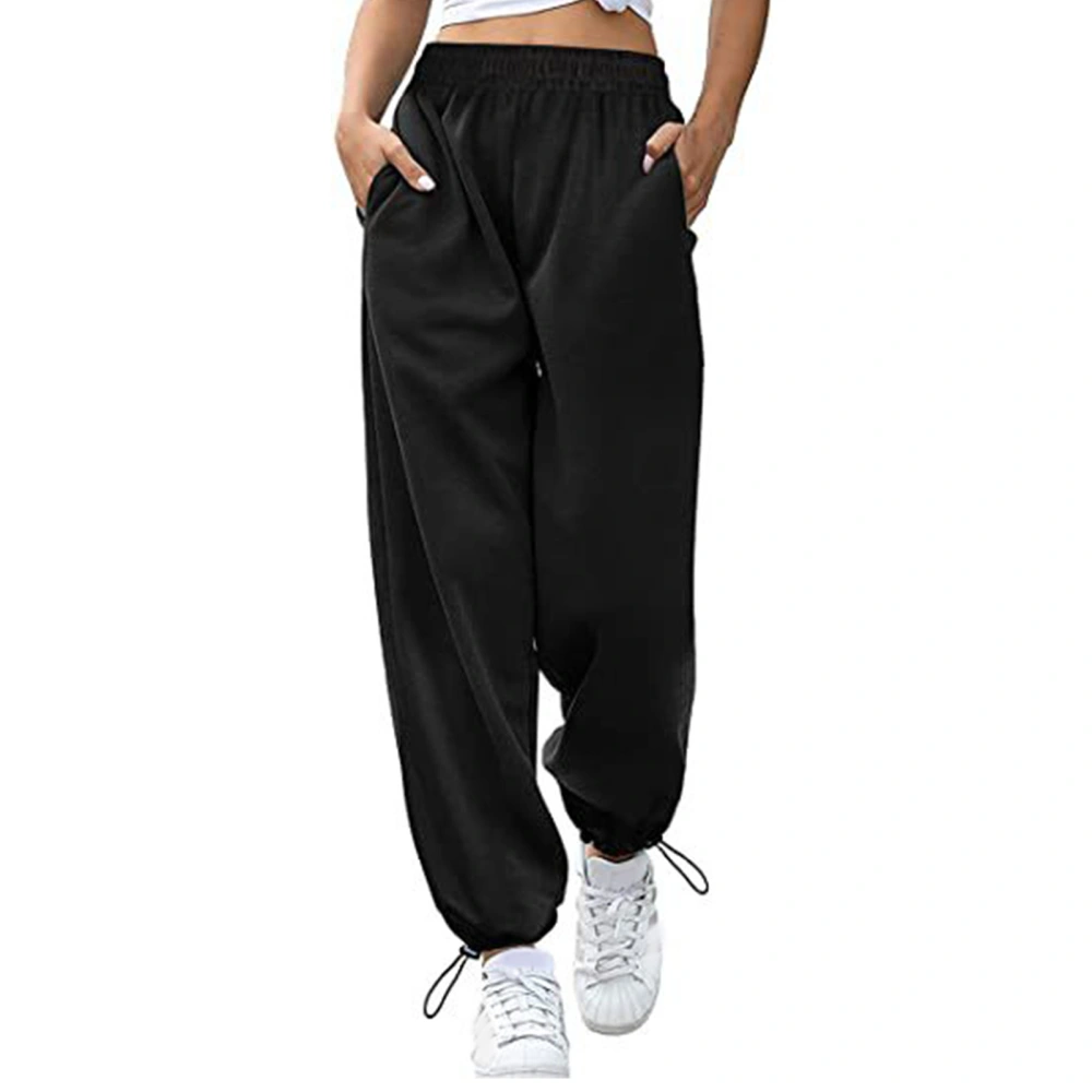 Women Trouser High Waist Elastic Pure Color Drawstring Loose Pockets Sports Wide Leg Ankle Tied Women Pants Black M