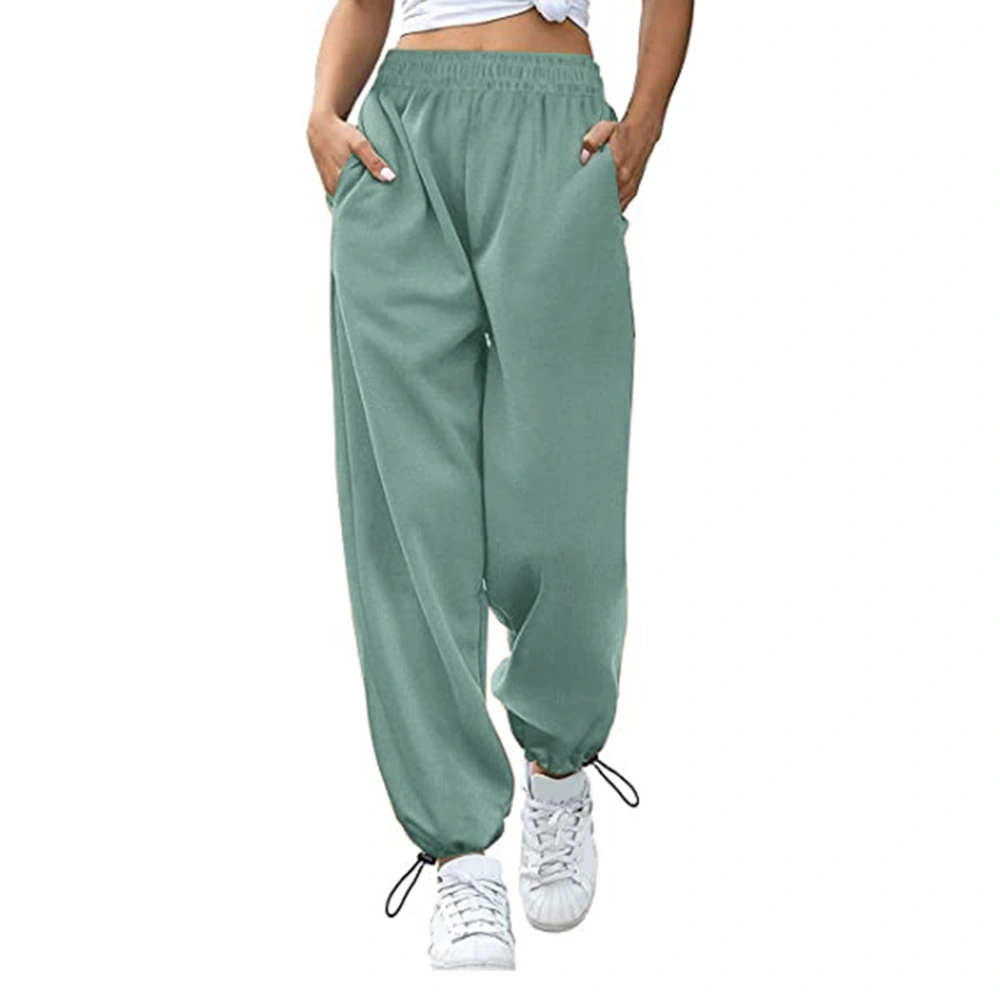 Women Trouser High Waist Elastic Pure Color Drawstring Loose Pockets Sports Wide Leg Ankle Tied Women Pants Pea Green L