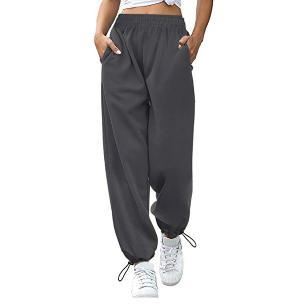 Women Trouser High Waist Elastic Pure Color Drawstring Loose Pockets Sports Wide Leg Ankle Tied Women Pants Dark Gray M