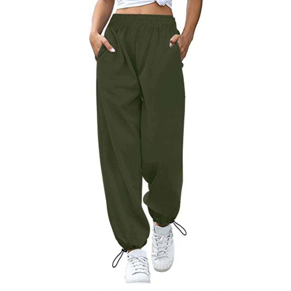 Women Trouser High Waist Elastic Pure Color Drawstring Loose Pockets Sports Wide Leg Ankle Tied Women Pants OD Green L