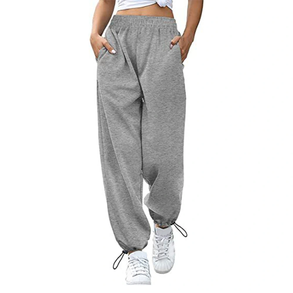 Women Trouser High Waist Elastic Pure Color Drawstring Loose Pockets Sports Wide Leg Ankle Tied Women Pants Grey M