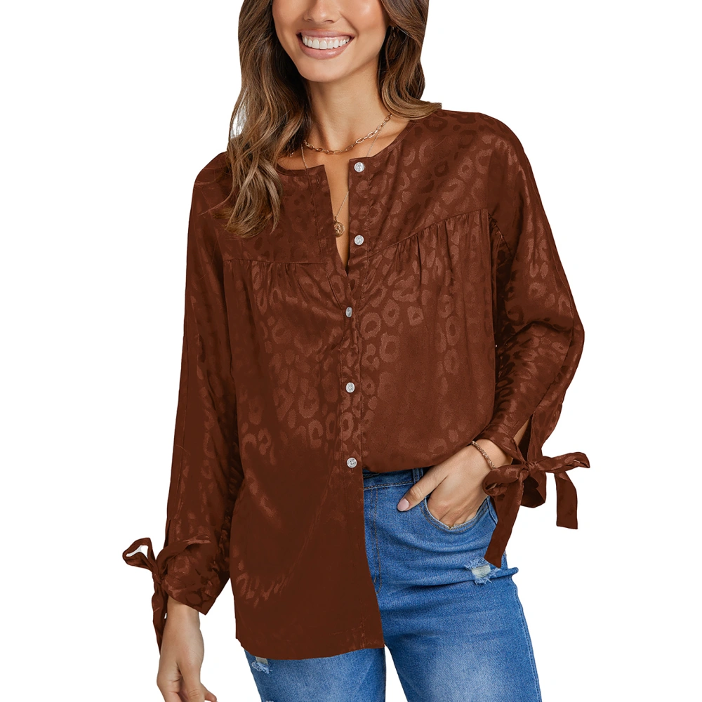 Blouse Long Sleeve Strap Cuff Round Neck Silky Button Down Casual Fashionable Cardigan Tops for Women Brown M