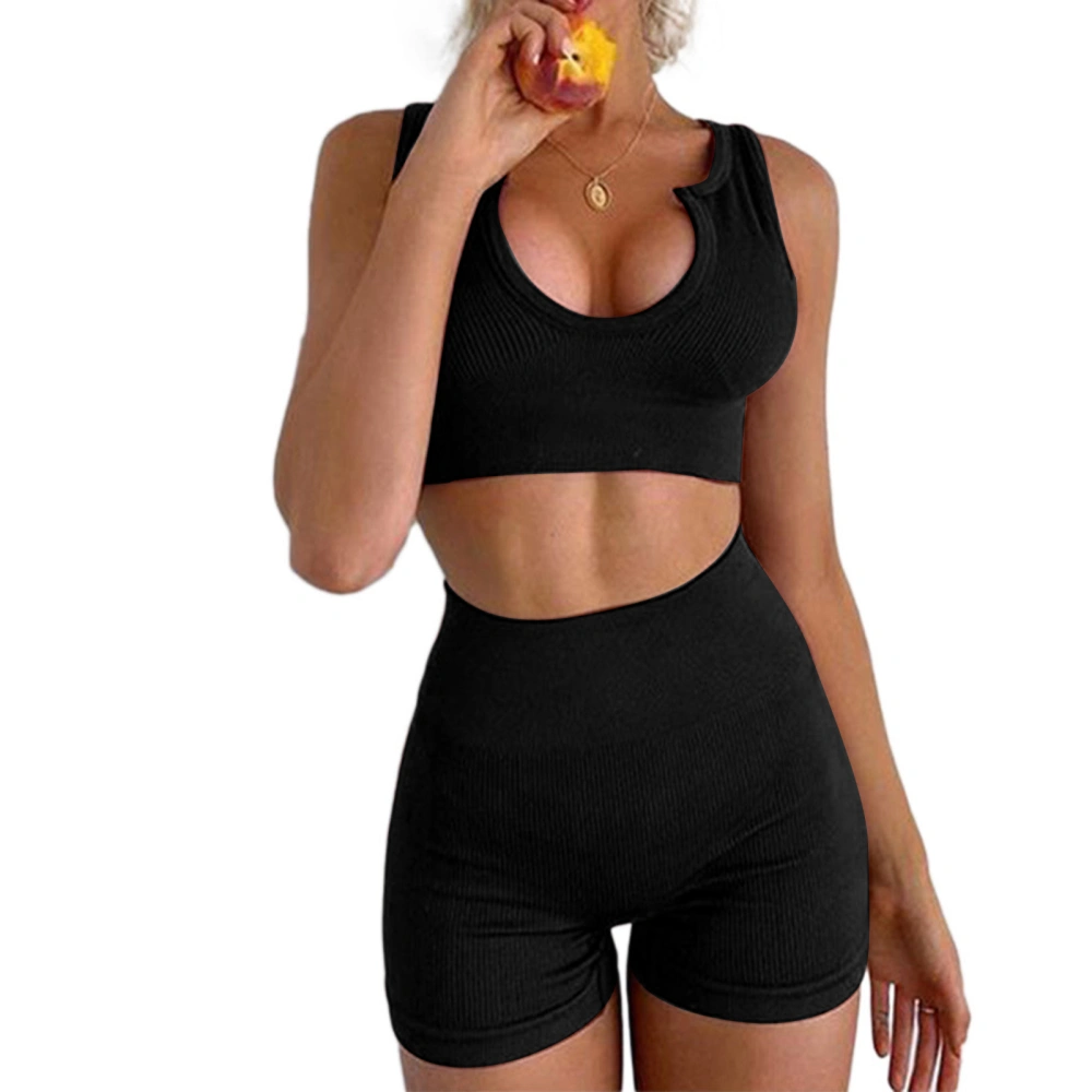 2pcs Set Women U Neck Sportswear Set Seamless Ribbed Tank High Waist Shorts Yoga Outfits Black S