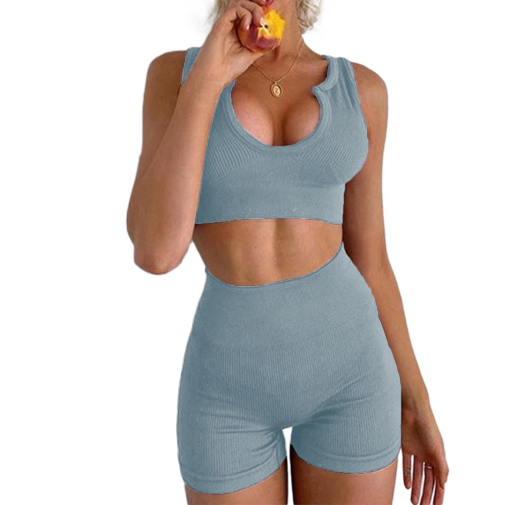 2pcs Set Women U Neck Sportswear Set Seamless Ribbed Tank High Waist Shorts Yoga Outfits Blue Grey S