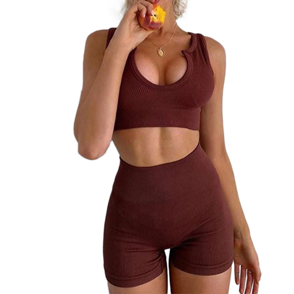 2pcs Set Women U Neck Sportswear Set Seamless Ribbed Tank High Waist Shorts Yoga Outfits Brown S