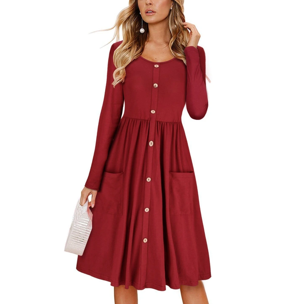 Dress Long Sleeve Round Neck Button Down Pure Color Pocket High Waist Dress for Women Red L