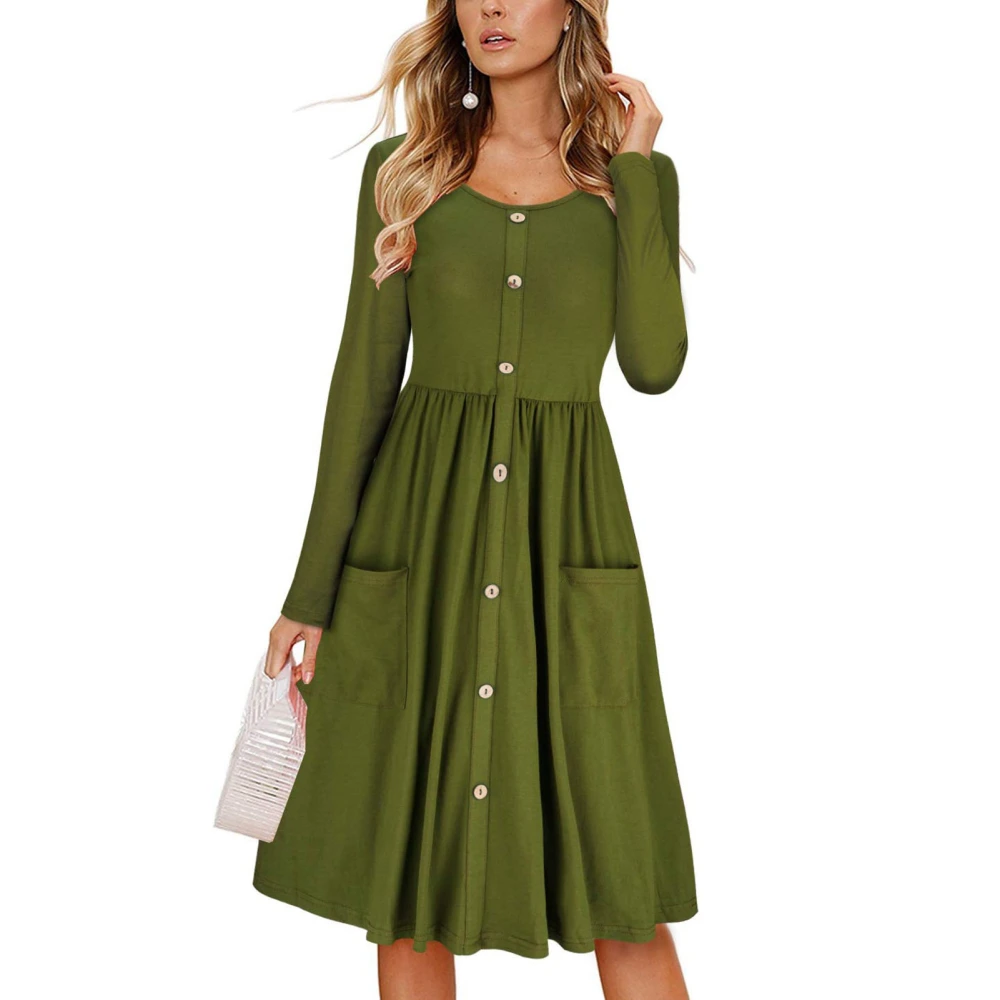 Dress Long Sleeve Round Neck Button Down Pure Color Pocket High Waist Dress for Women OD Green M