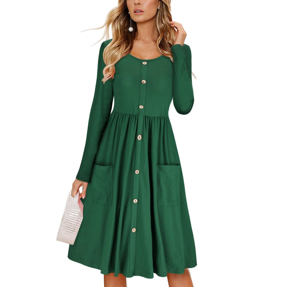 Dress Long Sleeve Round Neck Button Down Pure Color Pocket High Waist Dress for Women Green L