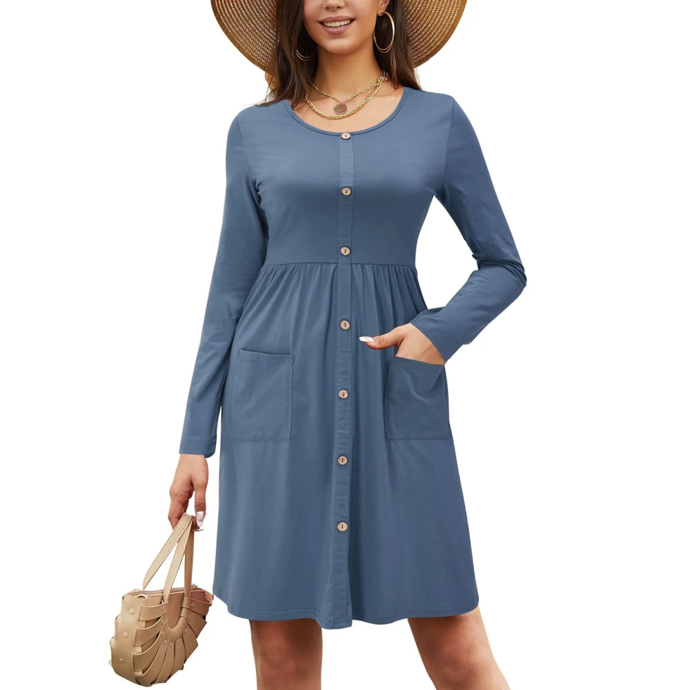 Dress Long Sleeve Round Neck Button Down Pure Color Pocket High Waist Dress for Women Blue XL