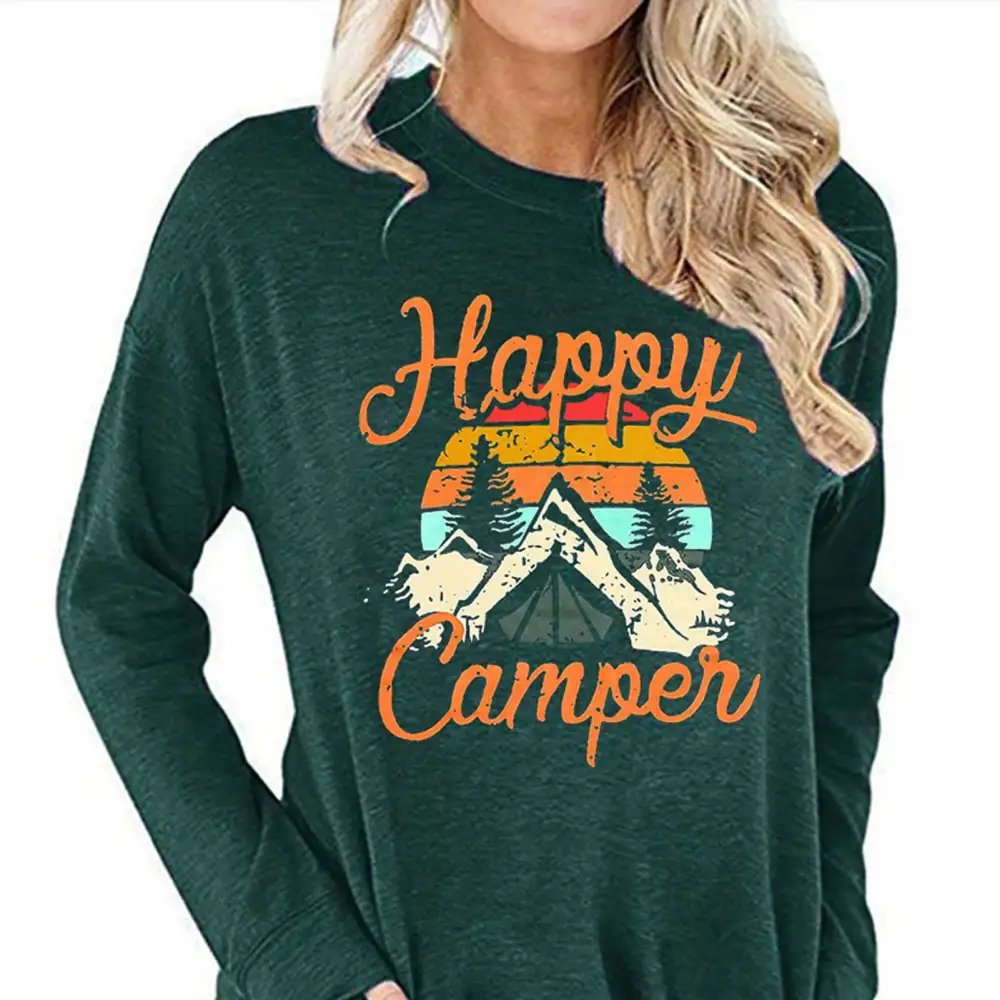 Pocket Sweatshirt Women Printing Crewneck Casual Loose Fitting Tops Long Sleeve T Shirt Dark Green S