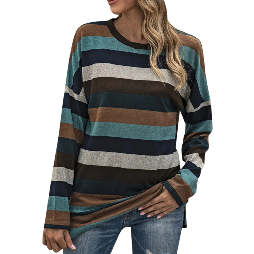 Knit Shirt Polyester Fashionable Round Neck Long Sleeved Striped Spring Summer Top for Women Blue 3XL