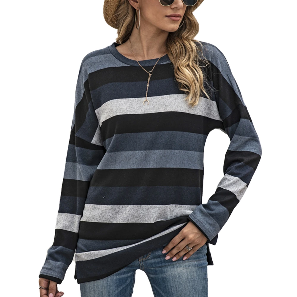 Knit Shirt Polyester Fashionable Round Neck Long Sleeved Striped Spring Summer Top for Women Grey XXL