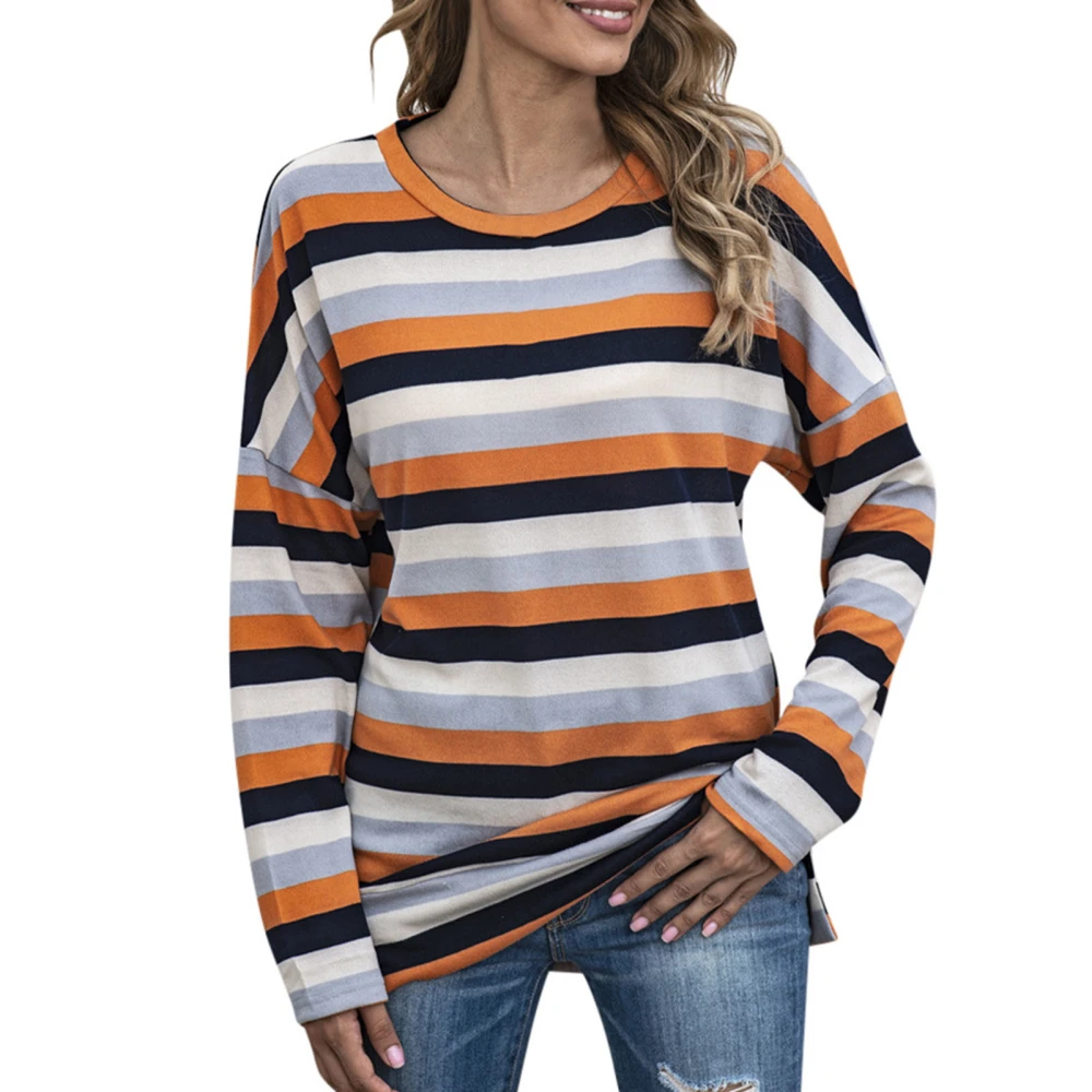 Knit Shirt Polyester Fashionable Round Neck Long Sleeved Striped Spring Summer Top for Women Orange L