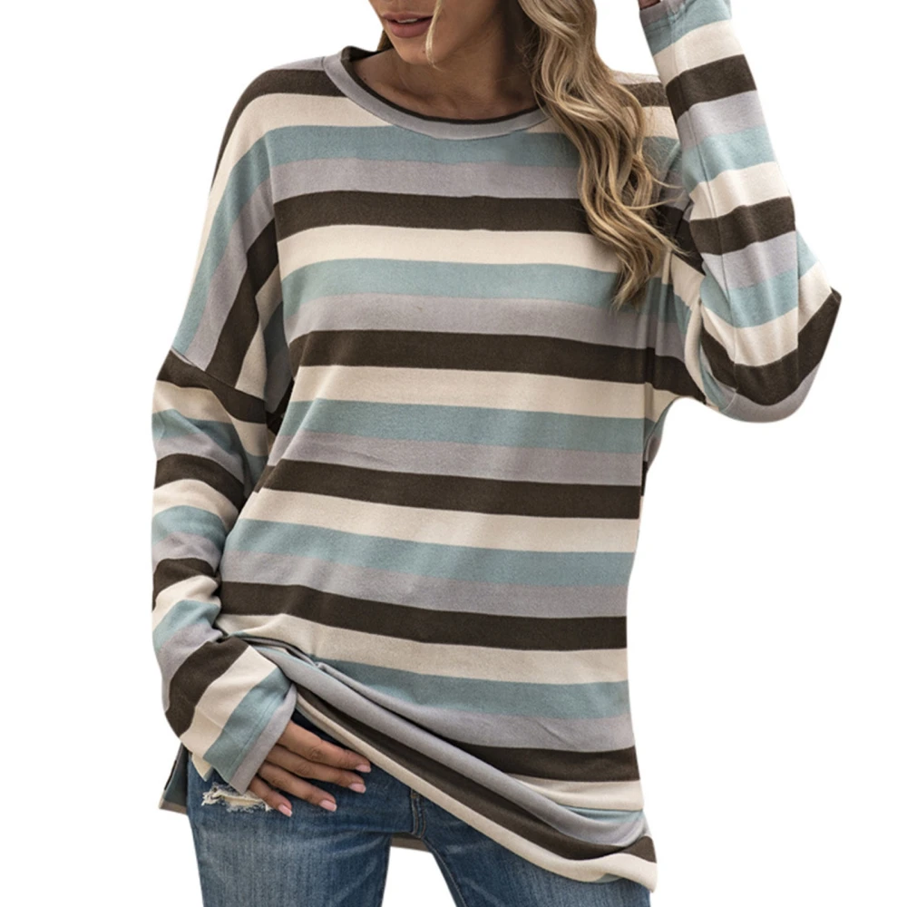 Knit Shirt Polyester Fashionable Round Neck Long Sleeved Striped Spring Summer Top for Women Light Blue M