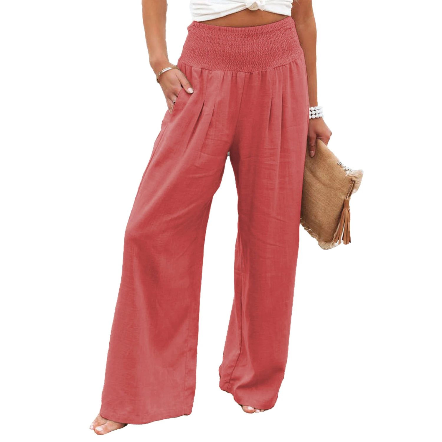 Women Trousers High Waist Wide Leg Long Pants Casual Loose Trousers for Work Vacation Orangered L