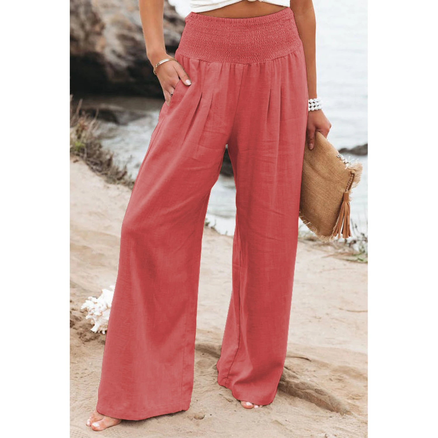 Women Trousers High Waist Wide Leg Long Pants Casual Loose Trousers for Work Vacation Orangered L