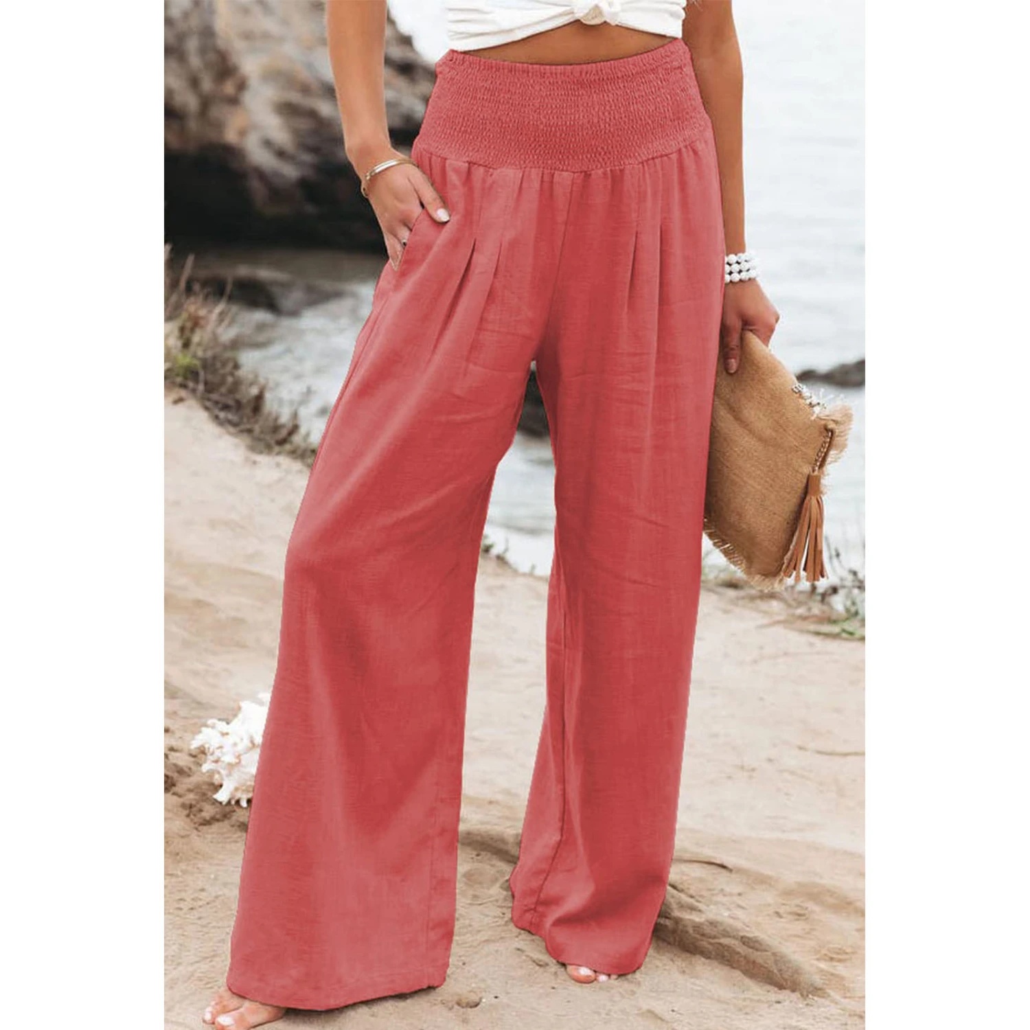 Women Trousers High Waist Wide Leg Long Pants Casual Loose Trousers for Work Vacation Orangered L