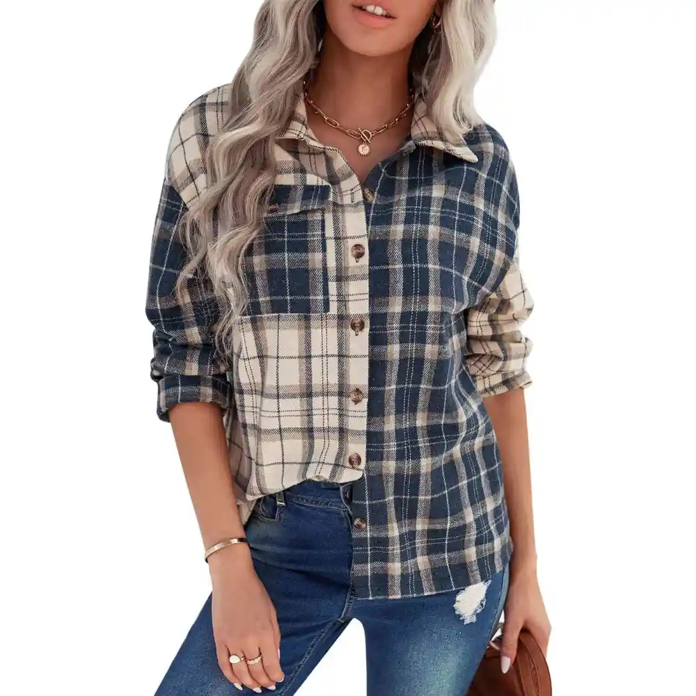 Women Long Sleeve Loose Shirt Casual Lapel Cardigan Check Stitching for Early Autumn Blue XL