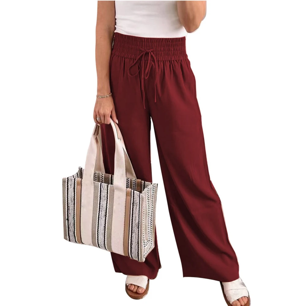 Women Wide Leg Pants Comfortable Side Pockets Elastic Waist Solid Color Causal Trousers for All Seasons Wine Red M