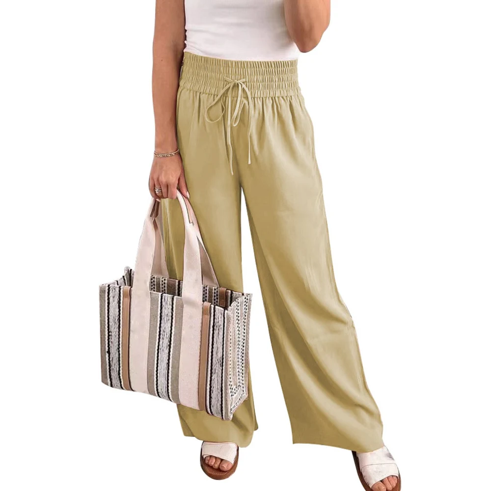 Women Wide Leg Pants Comfortable Side Pockets Elastic Waist Solid Color Causal Trousers for All Seasons Khaki L