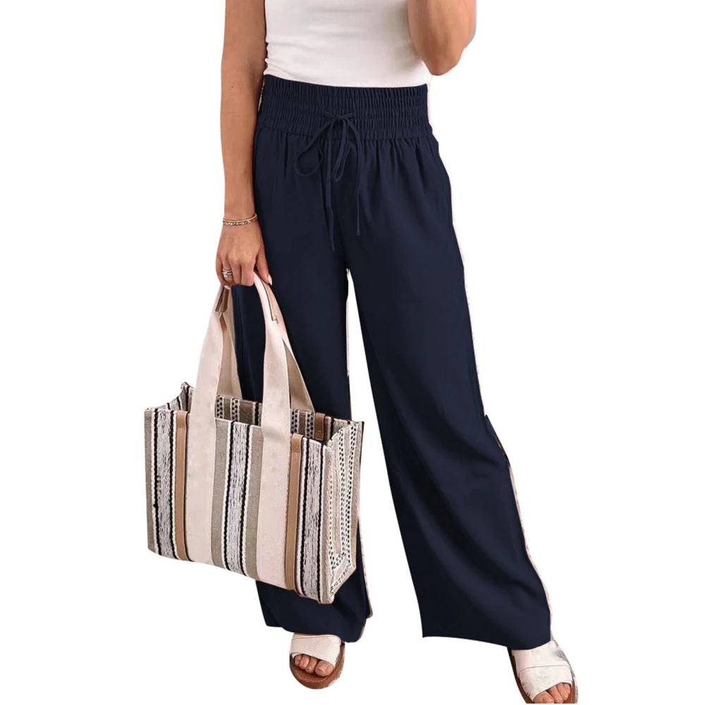 Women Wide Leg Pants Comfortable Side Pockets Elastic Waist Solid Color Causal Trousers for All Seasons Navy Blue M