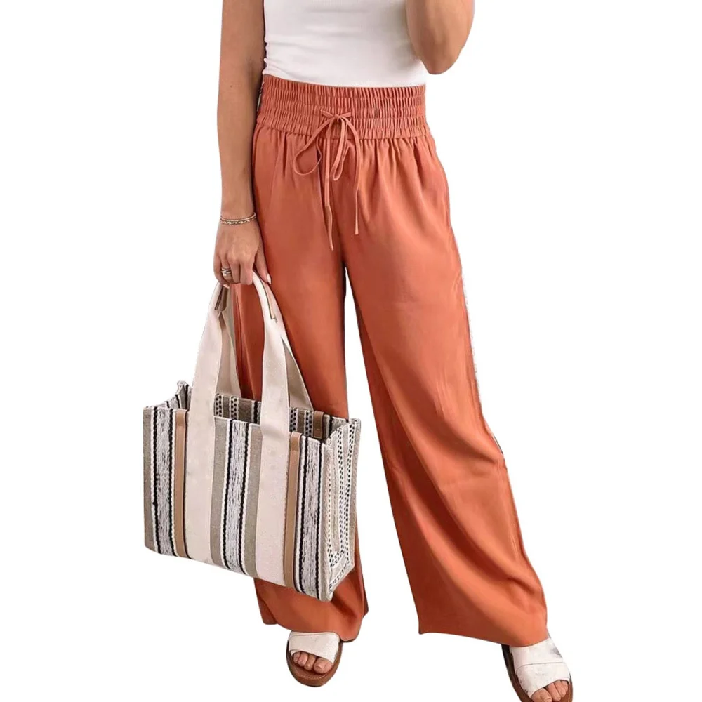 Women Wide Leg Pants Comfortable Side Pockets Elastic Waist Solid Color Causal Trousers for All Seasons Orange M