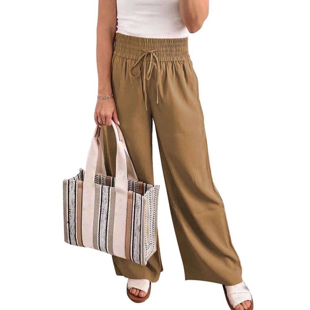 Women Wide Leg Pants Comfortable Side Pockets Elastic Waist Solid Color Causal Trousers for All Seasons Coffee S