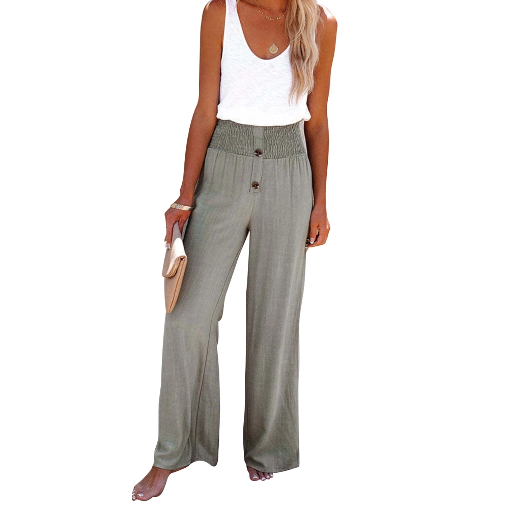 Women Wide Leg Trousers Button Trim Pants High Waist Back Elastic Waistband Casual Bottoms for Daily Life Holiday Date Green S