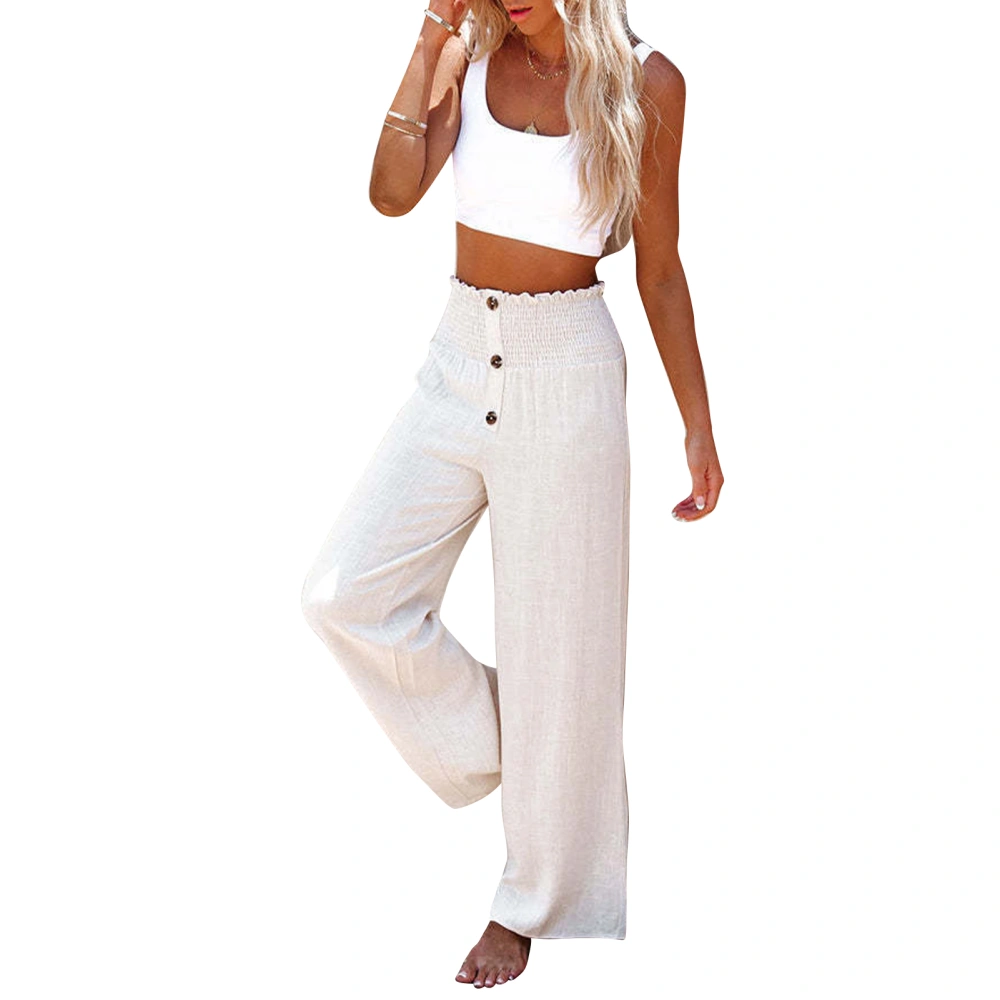 Women Wide Leg Trousers Button Trim Pants High Waist Back Elastic Waistband Casual Bottoms for Daily Life Holiday Date White L