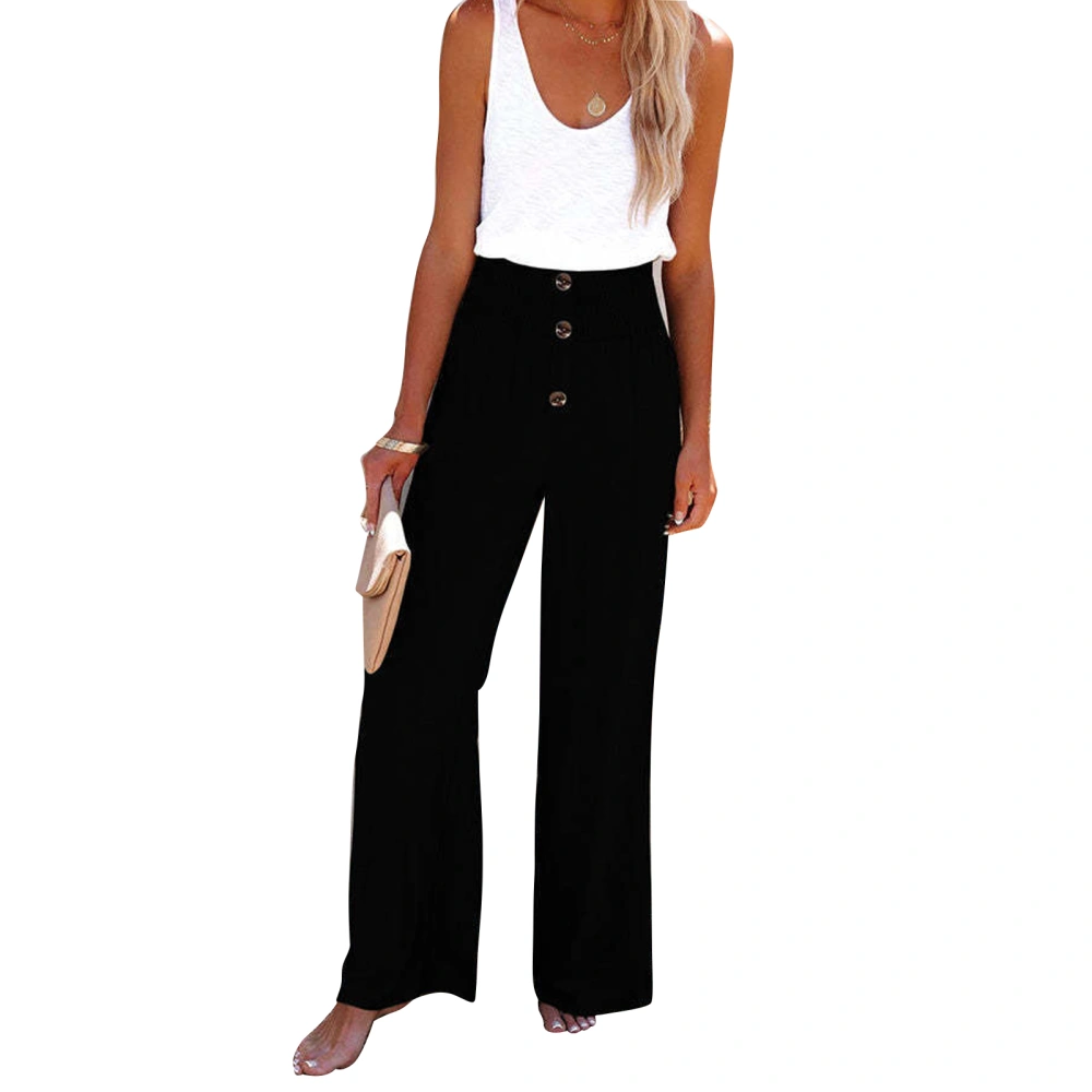 Women Wide Leg Trousers Button Trim Pants High Waist Back Elastic Waistband Casual Bottoms for Daily Life Holiday Date Black XL