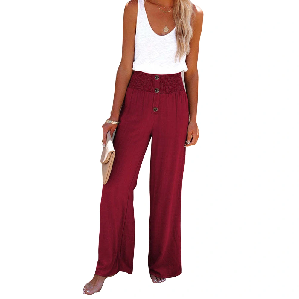 Women Wide Leg Trousers Button Trim Pants High Waist Back Elastic Waistband Casual Bottoms for Daily Life Holiday Date Wine Red S